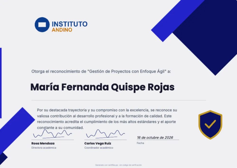 Plantilla de certificado Certiprof con logo, firma y datos de ejemplo