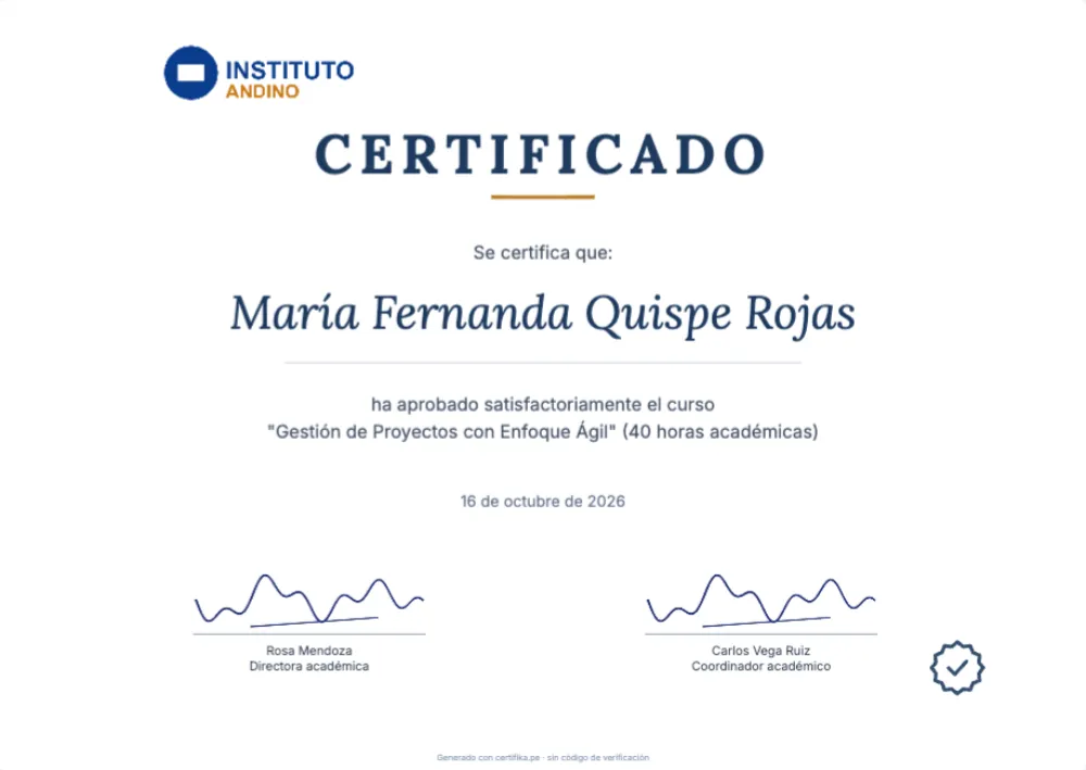 Plantilla de certificado Corporativo Azul y Dorado con logo, firma y datos de ejemplo