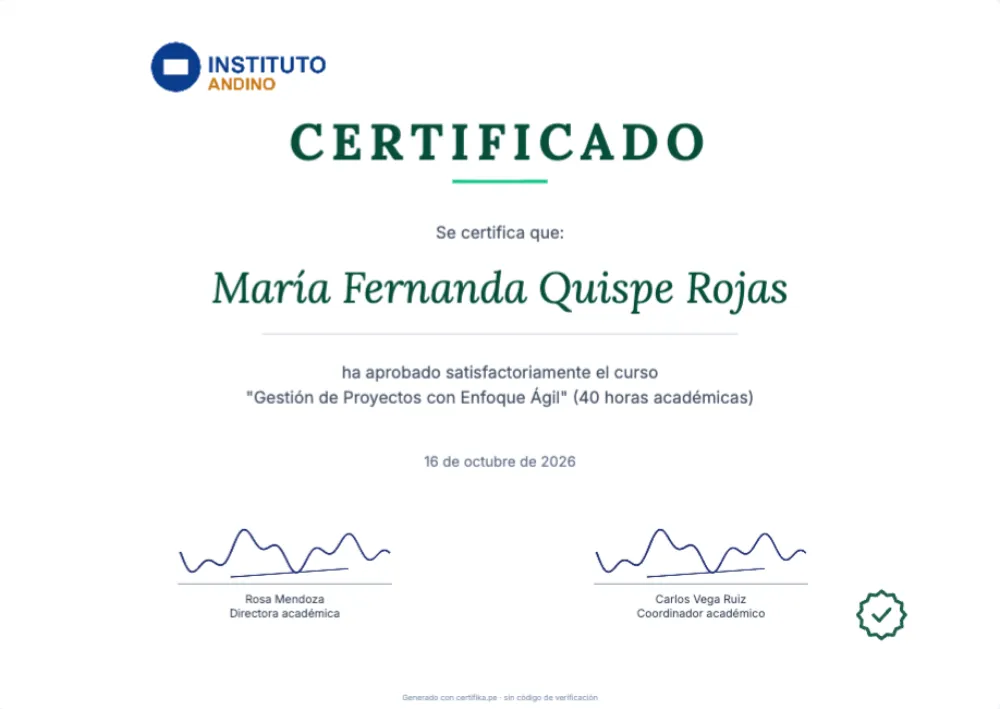 Plantilla de certificado Corporativo Esmeralda con logo, firma y datos de ejemplo
