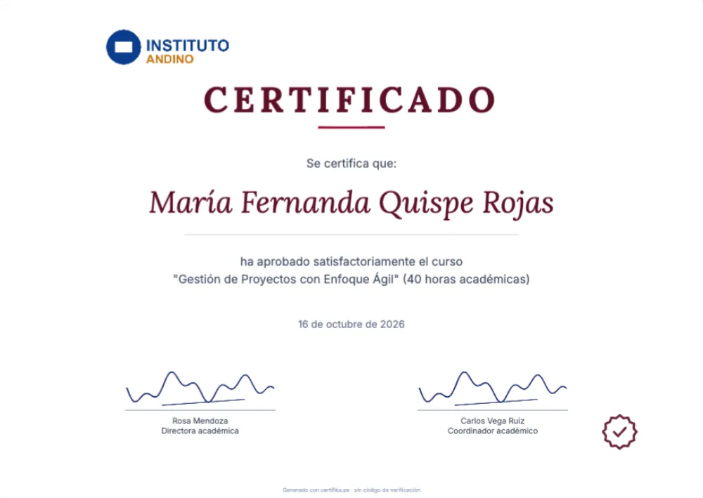 Plantilla de certificado Corporativo Granate con logo, firma y datos de ejemplo