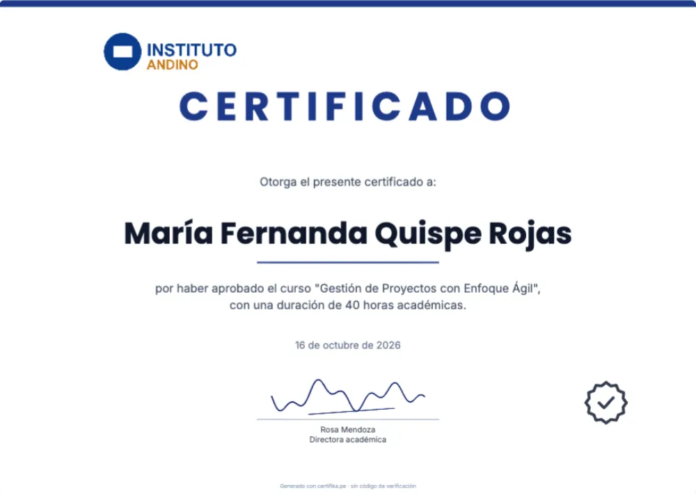 Plantilla de certificado Institucional Azul Marino con logo, firma y datos de ejemplo