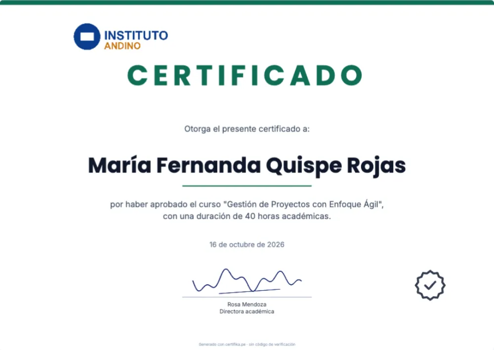 Plantilla de certificado Institucional Esmeralda con logo, firma y datos de ejemplo