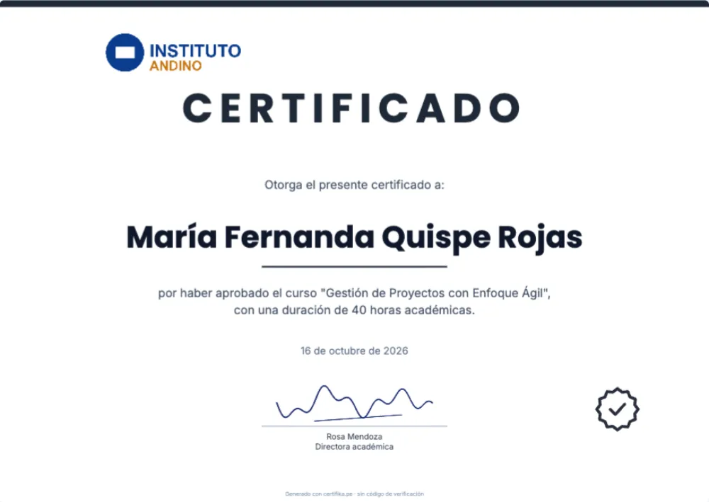 Plantilla de certificado Institucional Grafito con logo, firma y datos de ejemplo