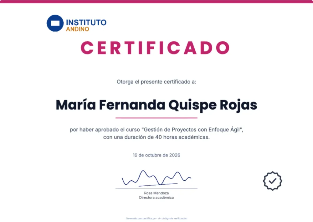 Plantilla de certificado Institucional Magenta con logo, firma y datos de ejemplo